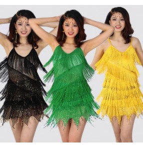 Blue turquoise royal blue black red yellow green white light pink fringes sequins women's ladies female performance latin dance dresses outfits